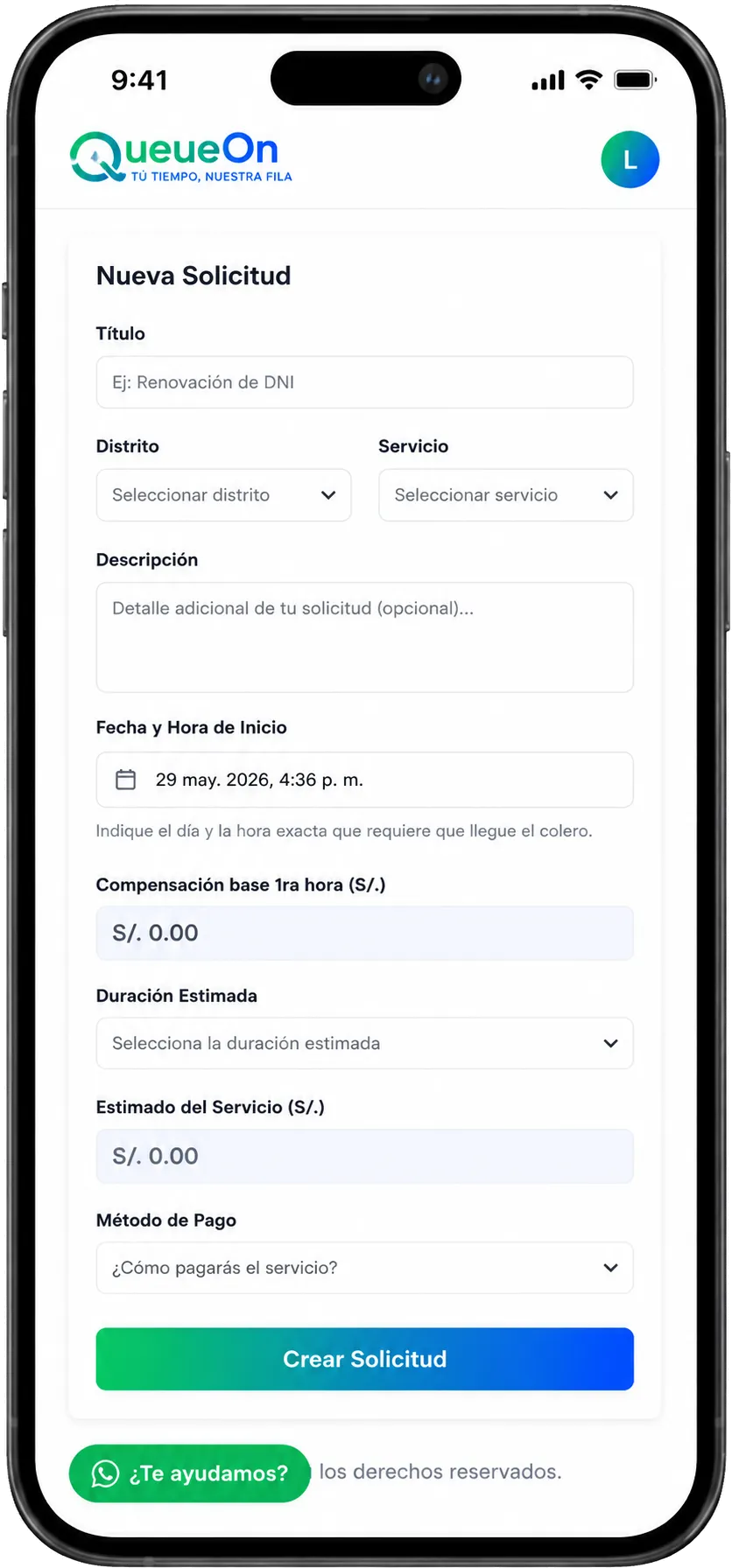 App QueueOn — crear nueva solicitud
